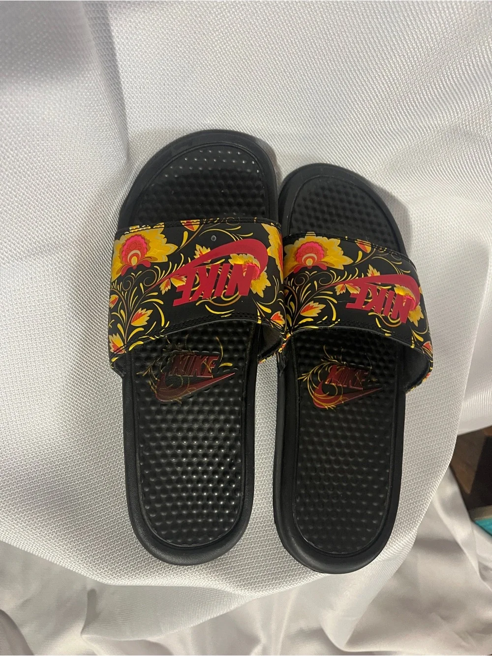 Nike Black Slides with Red Logo and Yellow Floral Strap